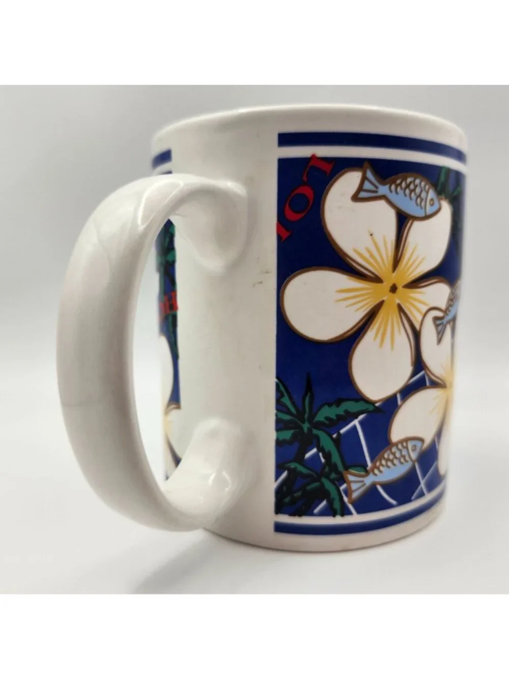 Vintage Island Heritage Blue Plumeria Of Aloha Hawaii Hawaiian Mug Fish 12oz